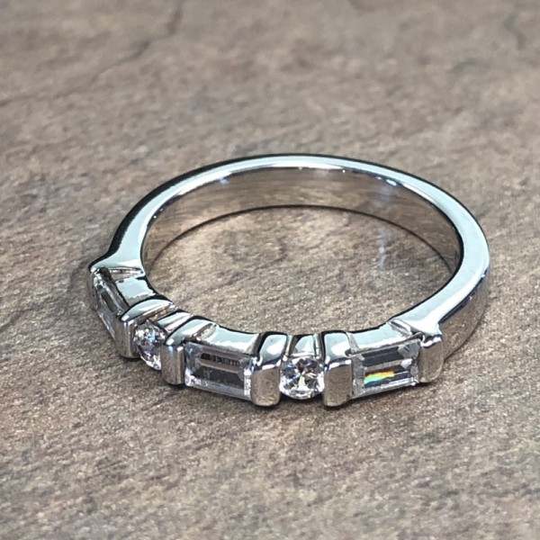 14K White Gold Baguette and Round Diamond Wedding Band